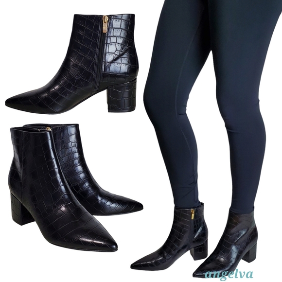 New Marc Fisher jelly faux leather embossed croc block heel ankle boots black - Picture 3 of 16